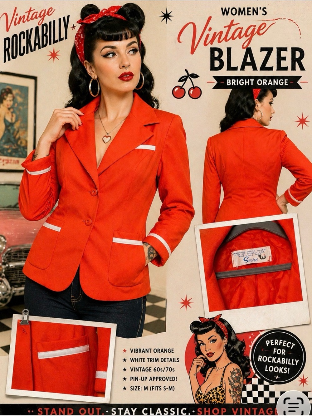 Sears Vintage Red Orange Blazer with White Trim S #retro #70’s #mod #rockabilly
